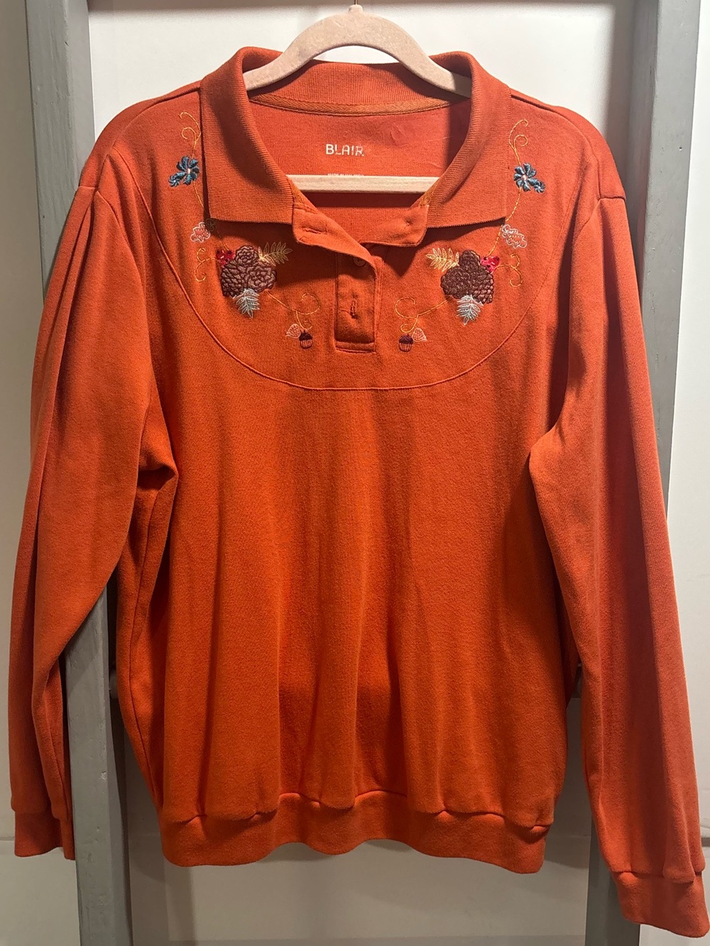 Blair M Embroidered Polo Sweatshirt, fall leaves, retro, grandmacore, natural